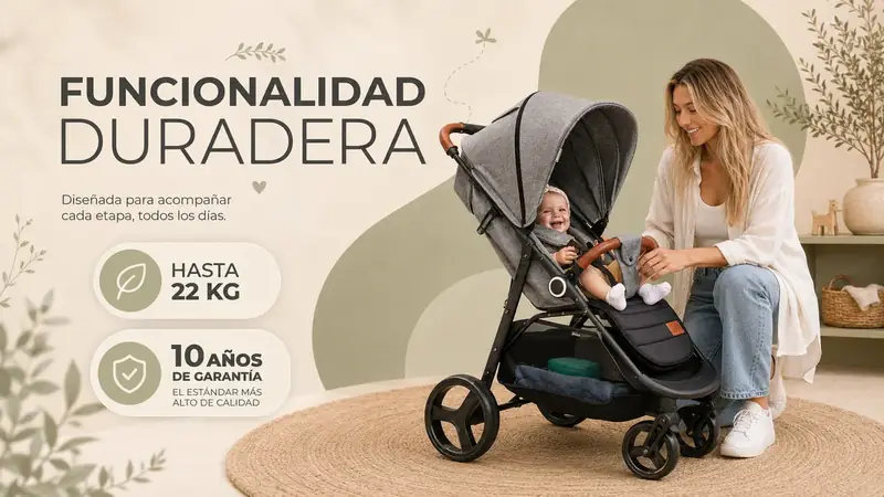 Kinderkraft GRANDE PLUS con bebé, asiento amplio y capota extensible