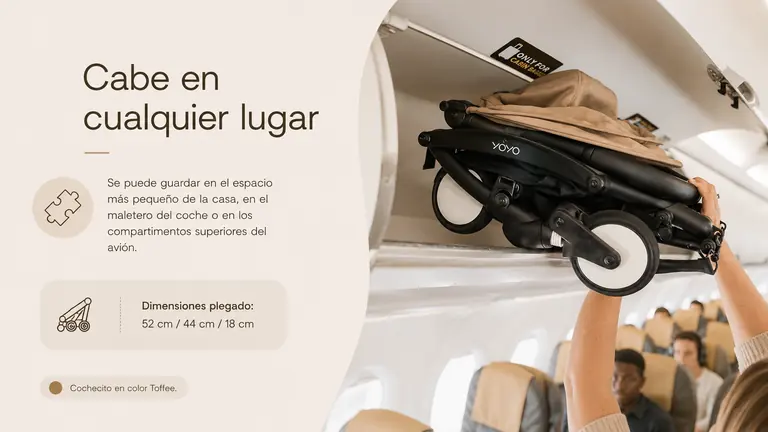 Stokke YOYO3 plegado en un compartimento superior de avión